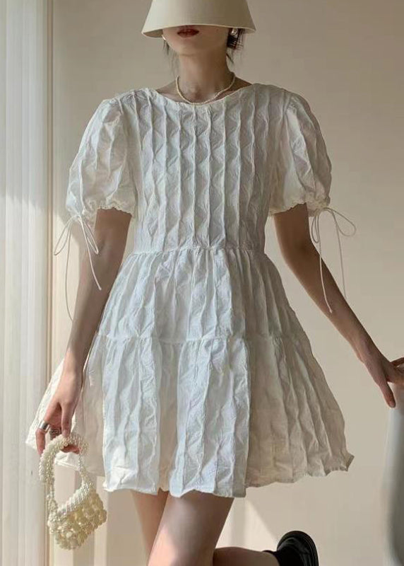 White Patchwork Cotton Mid Dresses Backless Lace Up Summer