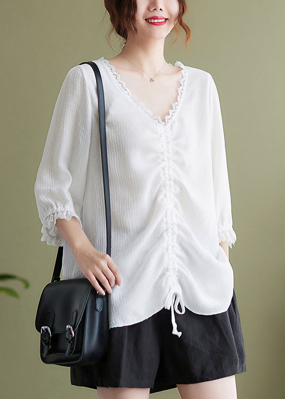 White Patchwork Cotton Shirt Tops Oversized Cinched Half Sleeve