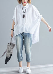 White Patchwork Cotton Shirts Top Asymmetrical Wrinkled Summer