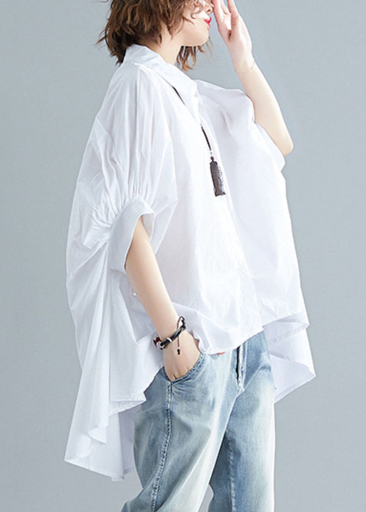 White Patchwork Cotton Shirts Top Asymmetrical Wrinkled Summer