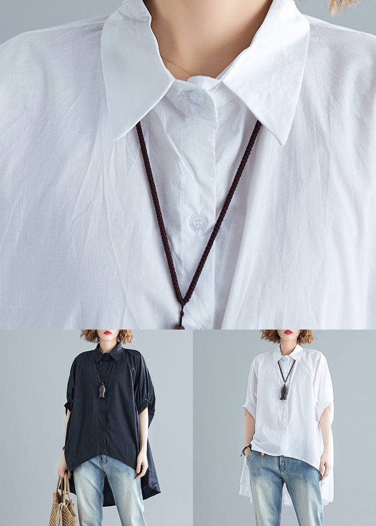 White Patchwork Cotton Shirts Top Asymmetrical Wrinkled Summer