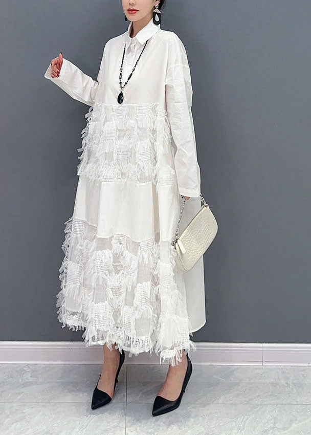 White Patchwork Cotton Vacation Dresses Oversized Tassel Spring