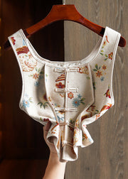 White Patchwork Cotton Vest Embroideried Chinese Button Sleeveless