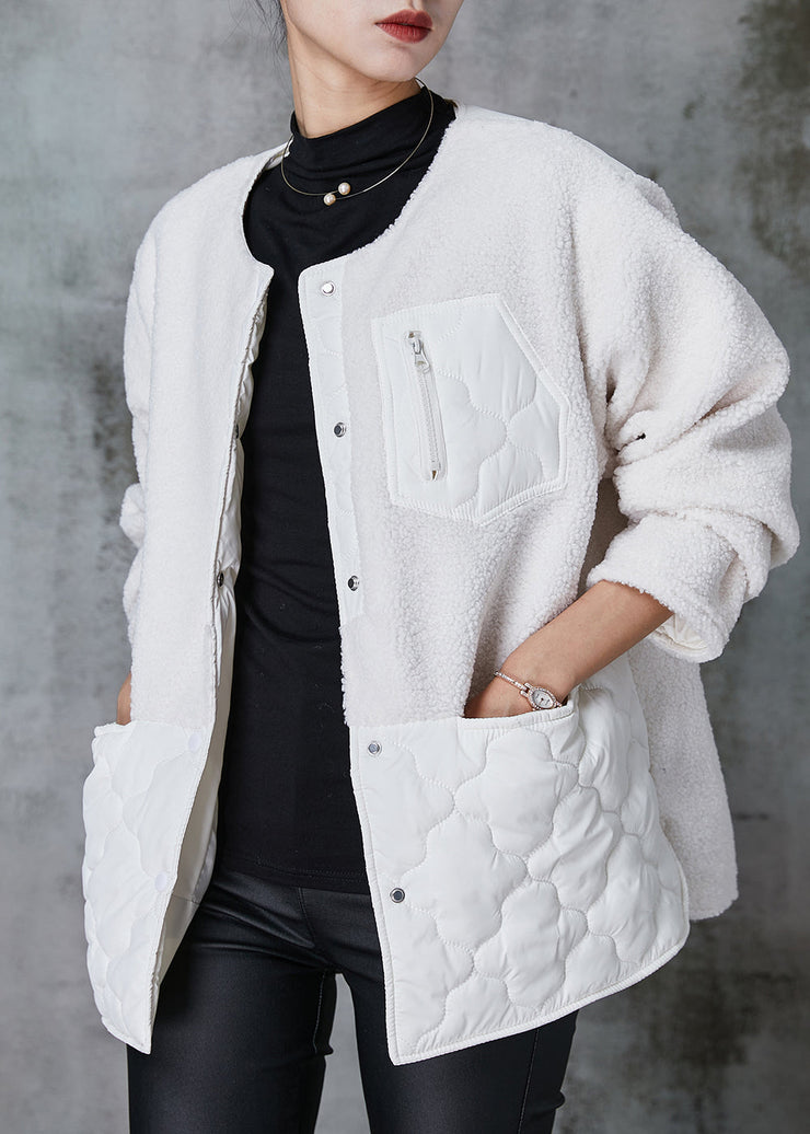 White Patchwork Faux Fur Jacket Oversized Pockets Spring