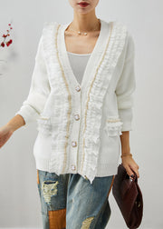 White Patchwork Knit Coats Ruffled V Neck Fall