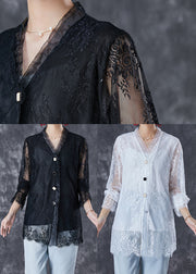 White Patchwork Lace Blouses Oversized Hollow Out Fall