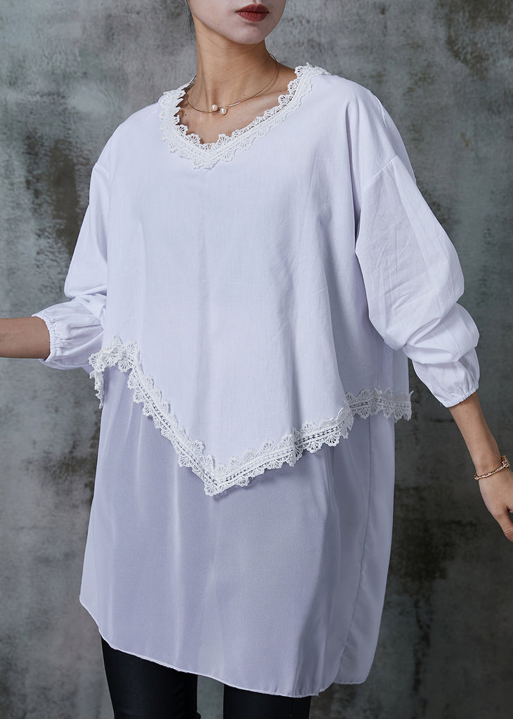 White Patchwork Lace Cotton Blouses Oversized Summer