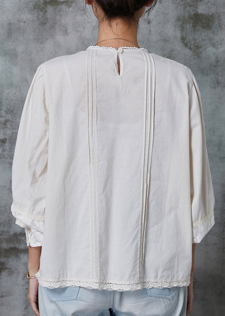 White Patchwork Lace Cotton Shirt Tops Wrinkled Spring