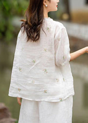 White Patchwork Linen Blouses Embroideried Button Summer