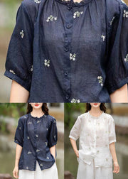 White Patchwork Linen Blouses Embroideried Button Summer