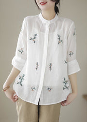 White Patchwork Linen Blouses Embroideried Stand Collar Summer