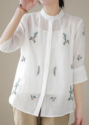 White Patchwork Linen Blouses Embroideried Stand Collar Summer