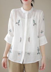 White Patchwork Linen Blouses Embroideried Stand Collar Summer