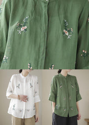 White Patchwork Linen Blouses Embroideried Stand Collar Summer