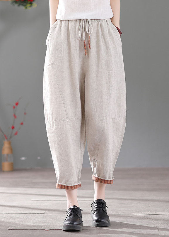 White Patchwork Linen Harem Pants Elastic Waist Drawstring Fall