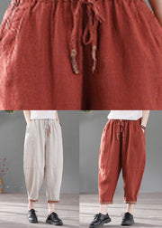 White Patchwork Linen Harem Pants Elastic Waist Drawstring Fall