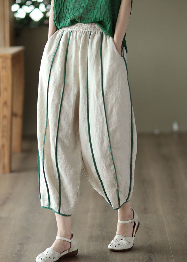 Print2 Patchwork Linen Harem Pants Pockets Striped Summer