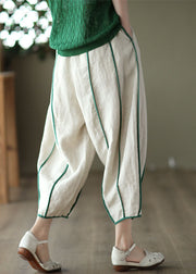 White Patchwork Linen Harem Pants Pockets Striped Summer