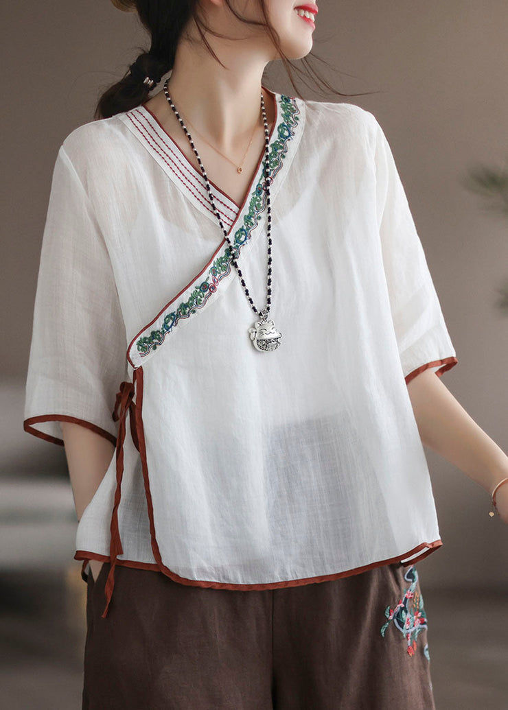 White Patchwork Linen Shirt Embroideried Lace Up Half Sleeve