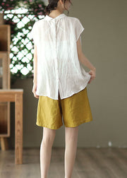 White Patchwork Linen Shirt Tops Peter Pan Collar Button Summer