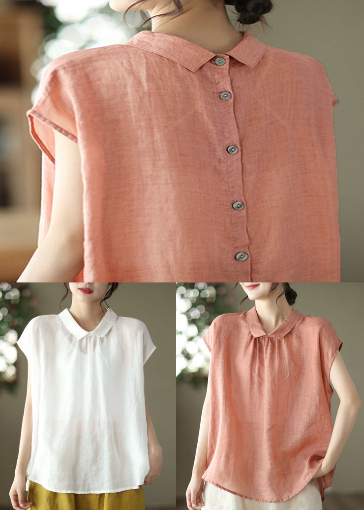 White Patchwork Linen Shirt Tops Peter Pan Collar Button Summer