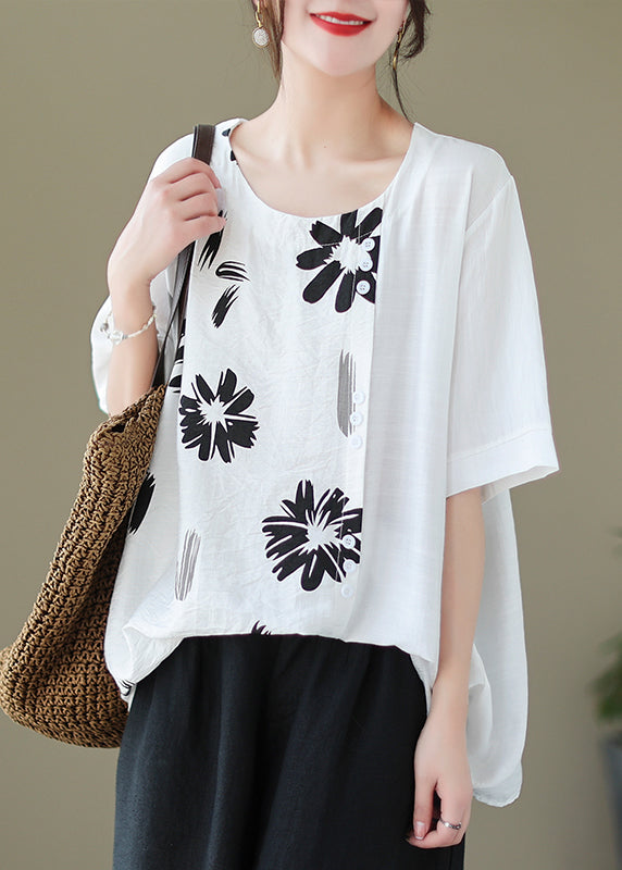 White Patchwork Linen Tank Tops Oversized Print Summer