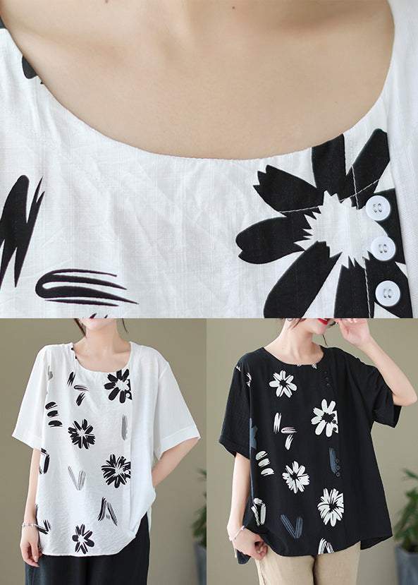 White Patchwork Linen Tank Tops Oversized Print Summer