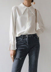 White Patchwork Shirt Tops Peter Pan Collar Fall