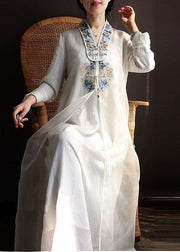 White Patchwork Silk Dress Tasseled Embroideried Spring