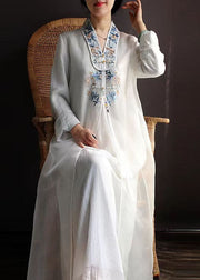 White Patchwork Silk Dress Tasseled Embroideried Spring