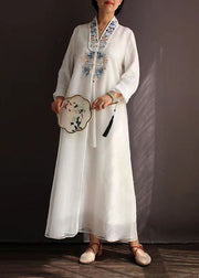 White Patchwork Silk Dress Tasseled Embroideried Spring