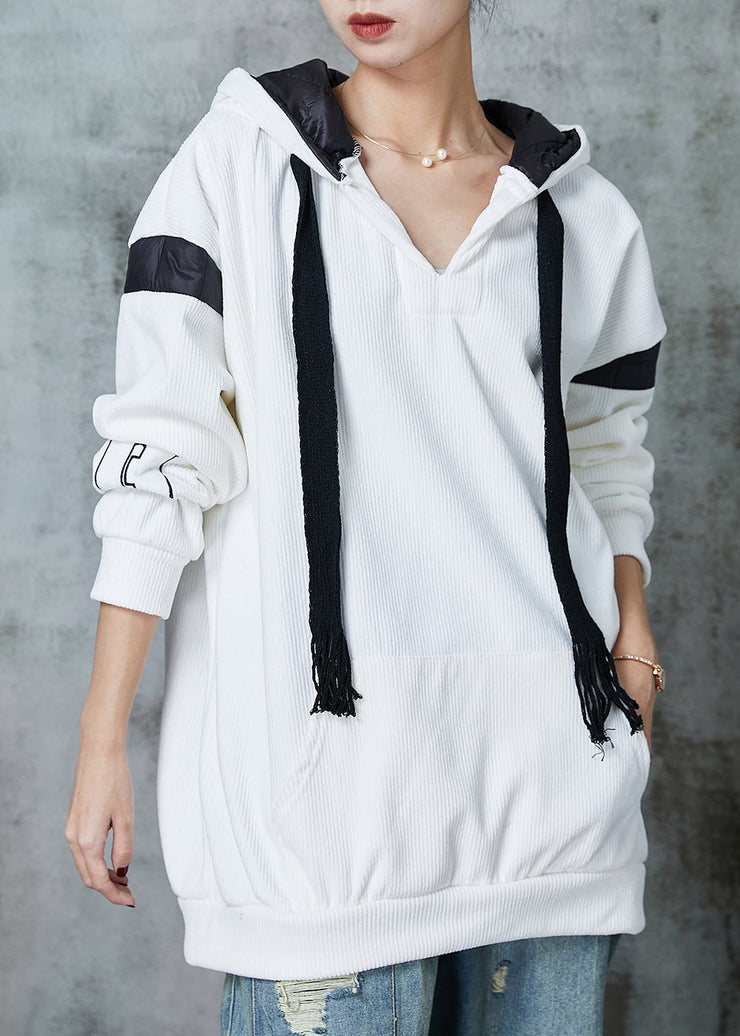 White Patchwork Warm Fleece Sweatshirts Top Oversized Drawstring Spring