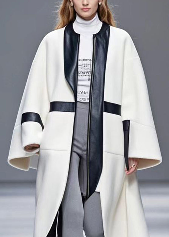 White Patchwork Woolen Coat Asymmetrical Design Fall