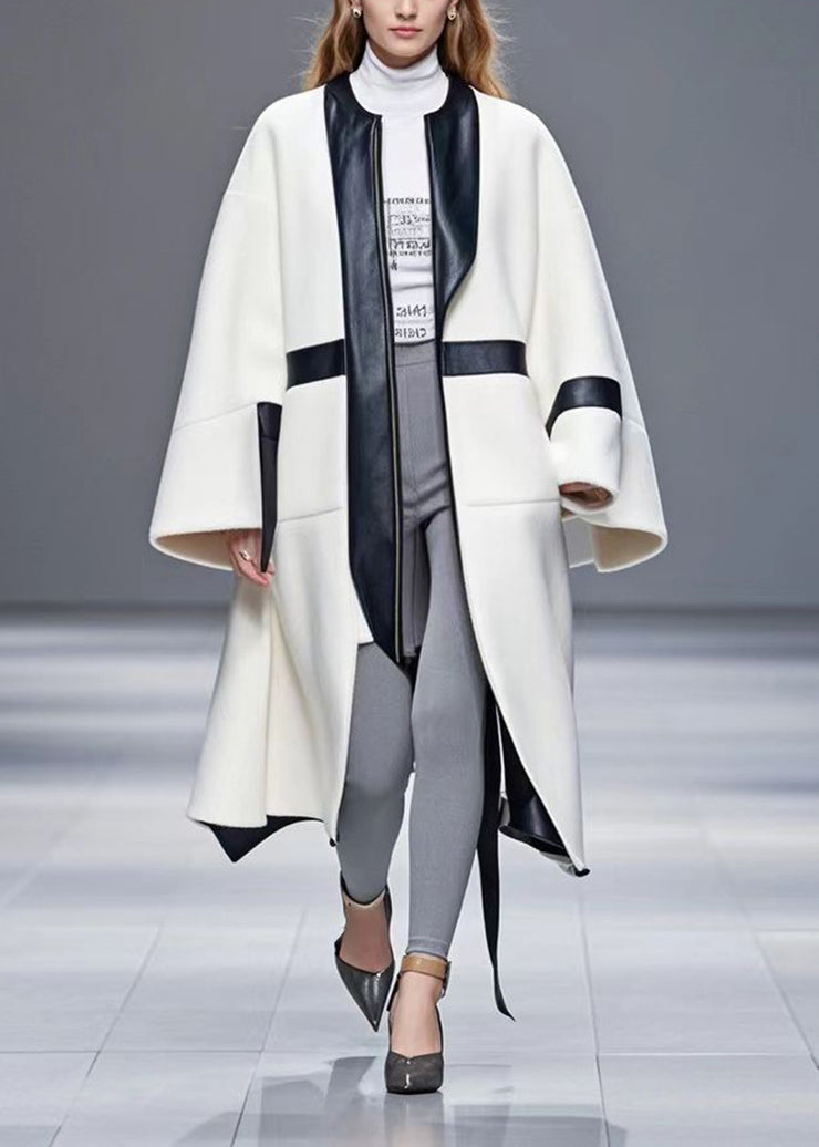 White Patchwork Woolen Coat Asymmetrical Design Fall