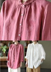 White Peter Pan Collar Button Linen Shirt Long Sleeve