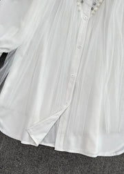 White Peter Pan Collar Nail Bead Tulle Shirts Long Sleeve