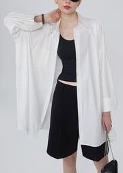 White Pockets Cotton Shirt Tops Peter Pan Collar Long Sleeve