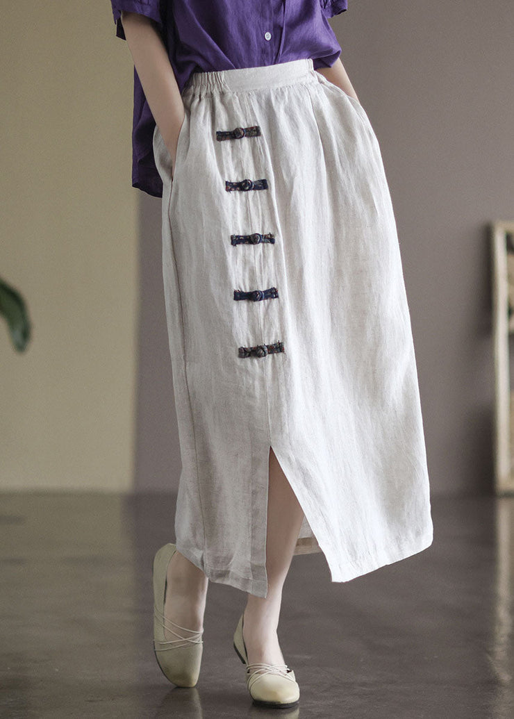 White Pockets Linen A Line Skirts High Waist Oriental Button Summer