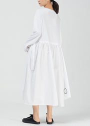 White Pockets Patchwork Cotton Long Dress O Neck Spring