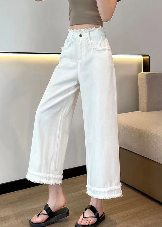 White Pockets Patchwork Denim Crop Pants Tasseled Spring