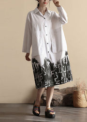 White Pockets Print Cotton Shirts Coat Peter Pan Collar Spring