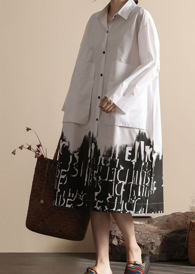 White Pockets Print Cotton Shirts Coat Peter Pan Collar Spring