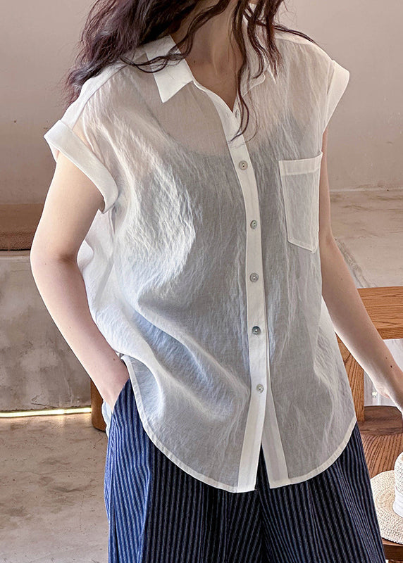 White Pockets Silk Cotton Blouses Peter Pan Collar Short Sleeve