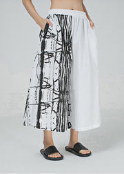 White Poor Handwriting Print Cotton Wide Leg Pants Elastic Waist Spring