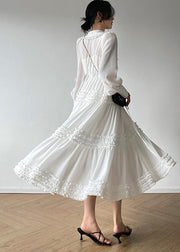 White Print Button Tie Waist Chiffon Dresses Long Sleeve