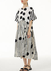 White Print Chiffon Dresses Asymmetrical V Neck Wrinkled Summer