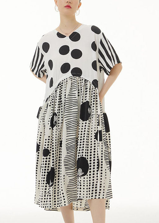 White Print Chiffon Dresses Asymmetrical V Neck Wrinkled Summer