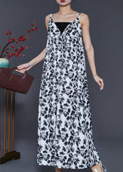 White Print Chiffon Spaghetti Strap Dress Exra Large Hem Summer