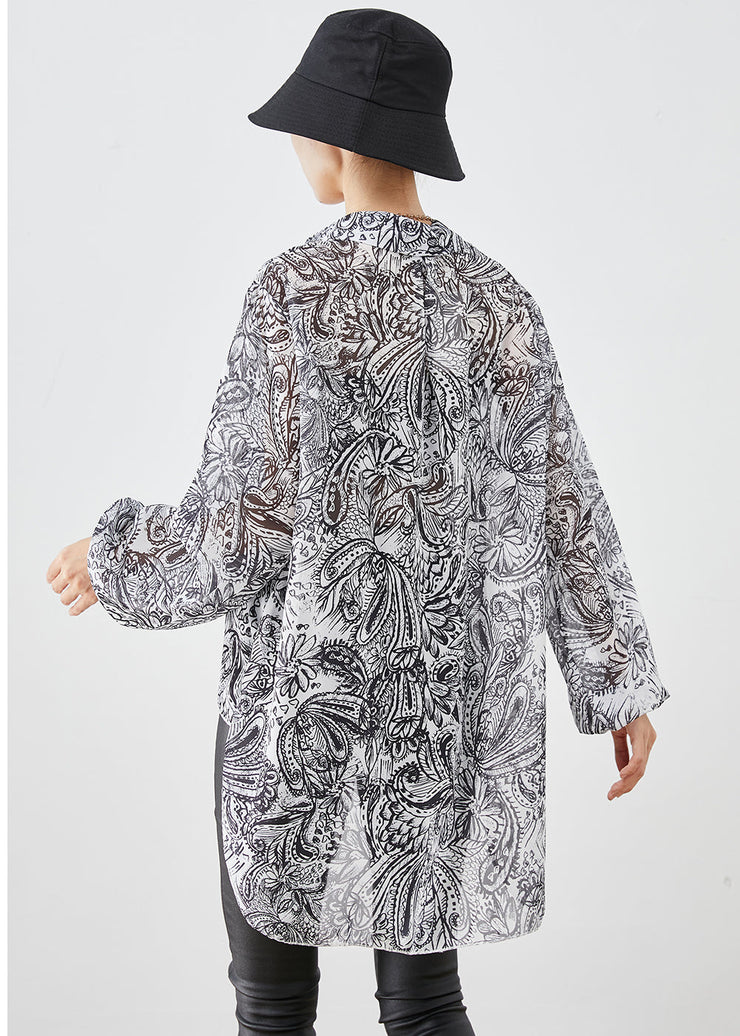 White Print Chiffon UPF 50+ Shirt Top Oversized Side Open Fall