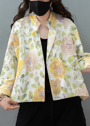 White Print Cotton Cardigan Stand Collar Long Sleeve